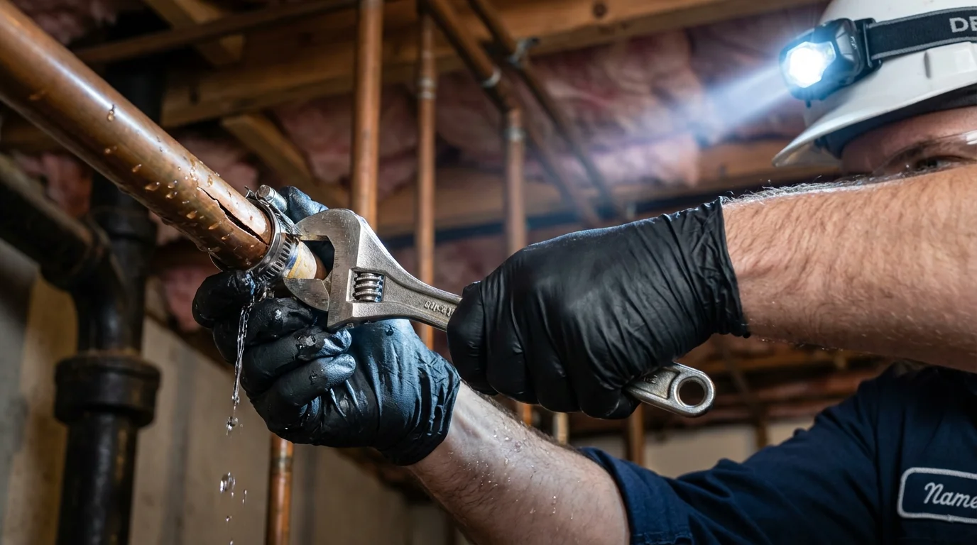 Emergency pipe clamp repair being performed by a Johns Plumbing LLC plumber in La Mesa